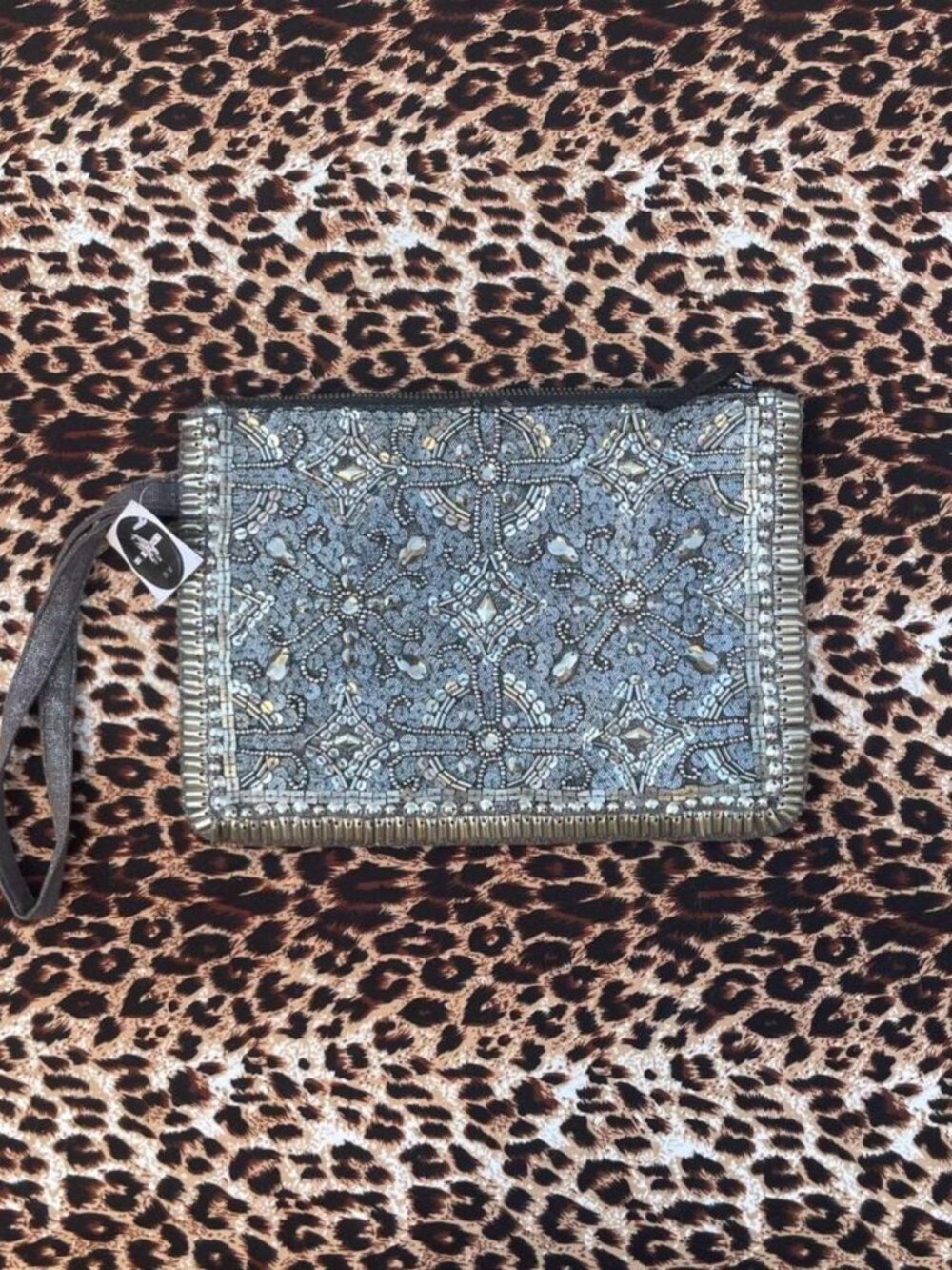 bedazzled beaded grey clutch pouch